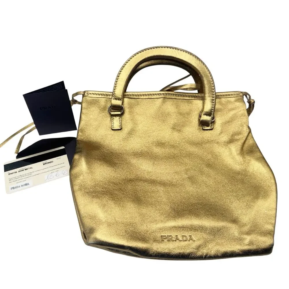 Prada Gold Leather Small Tote Authentic Prada Dust Cover and Cards - Picture 4 of 9